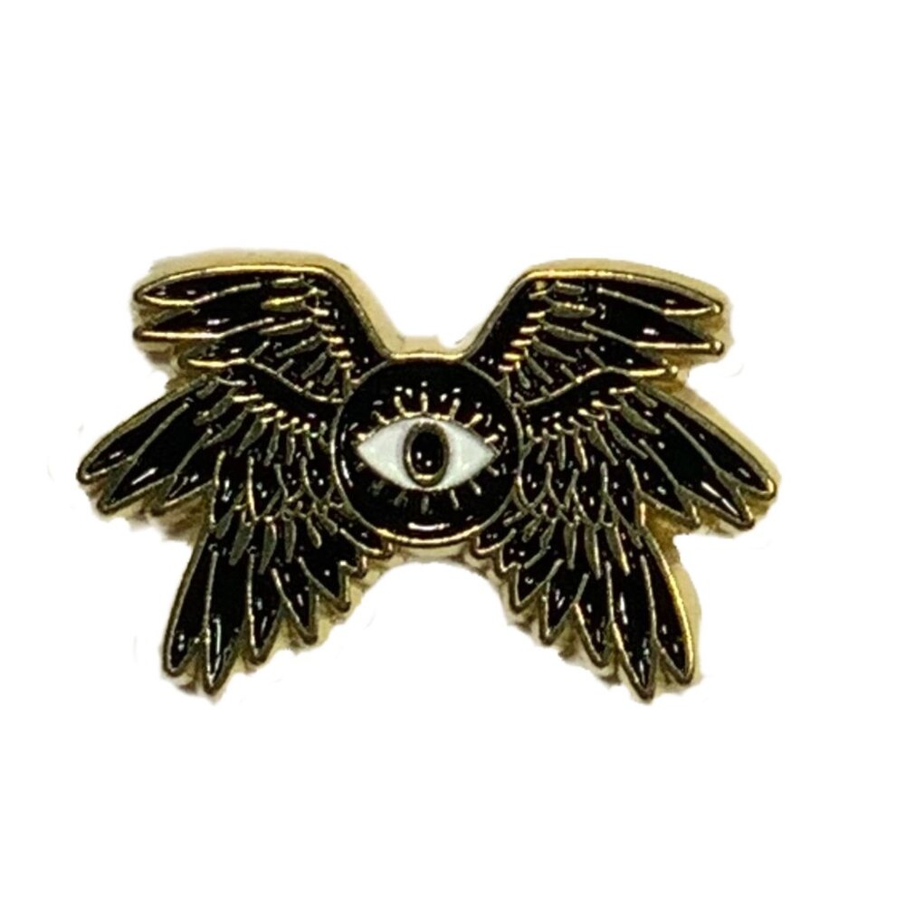 Winged Evil Eye Seraph Enamel Pin Brooch Black & Gold NEW Mystical Occult Goth - Picture 5 of 6
